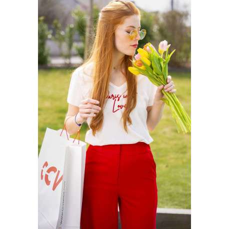 Chino rouge uni bootcut avec taille élastiquée à fronces et poches - Image 4