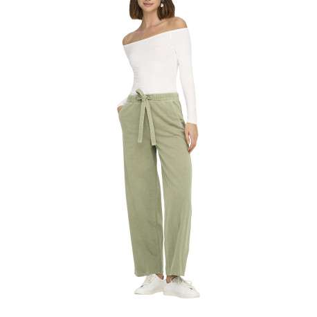 Pantalon en coton kaki uni avec une coupe large et une ceinture à la taille - Image 5