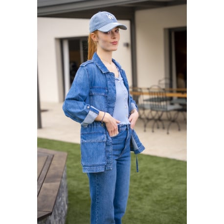 Jean en coton bleu légèrement délavé à coupe regular fit avec des revers - Image 3