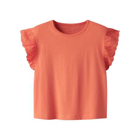 T-shirt en coton saumon uni à col rond avec des manches courtes en dentelle