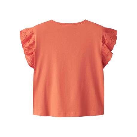 T-shirt en coton saumon uni à col rond avec des manches courtes en dentelle - Image 2