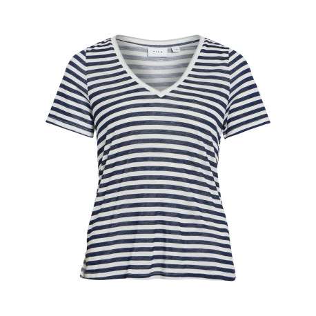 T-shirt bleu marine à rayures avec un aspect légèrement délavé et à col v