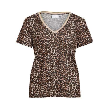 T-shirt à imprimé léopard avec un aspect légèrement délavé et un col v