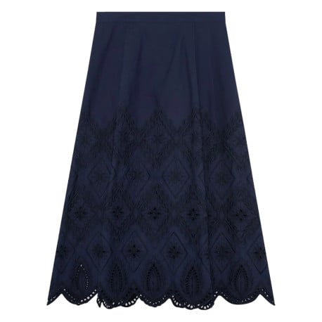 Jupe midi en coton bleue marine unie avec de la broderie et à coupe évasée