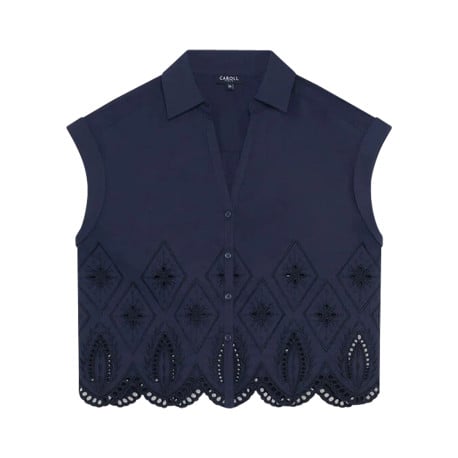 Chemisier court en coton bleu marine uni avec de la broderie et à col v à revers