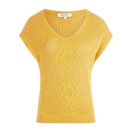 Top jaune uni en crochet ajouré avec une coupe droite et un col v