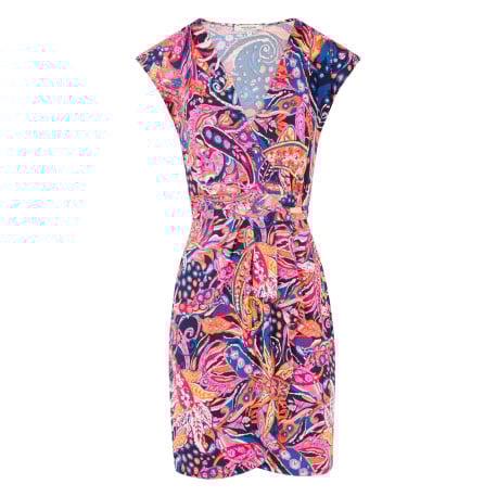 Robe courte multicolore imprimée à coupe près du corps et à col cache-coeur