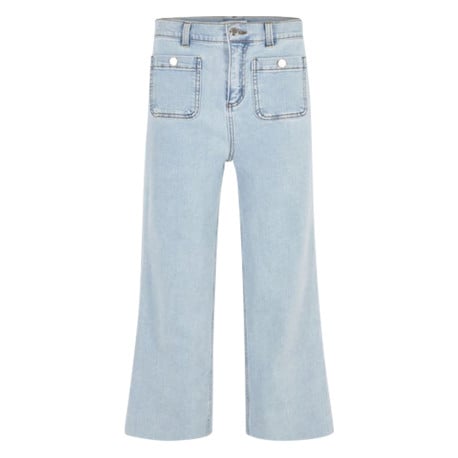 Pantalon 7/8 en coton bleu clair uni à coupe bootcut avec des poches plaquées