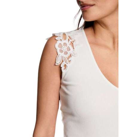 Top sans manches blanc côtelé à coupe près du corps avec de la dentelle - Image 3