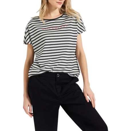 T-shirt noir rayé avec une coupe droite un col rond et des manches courtes - Image 3