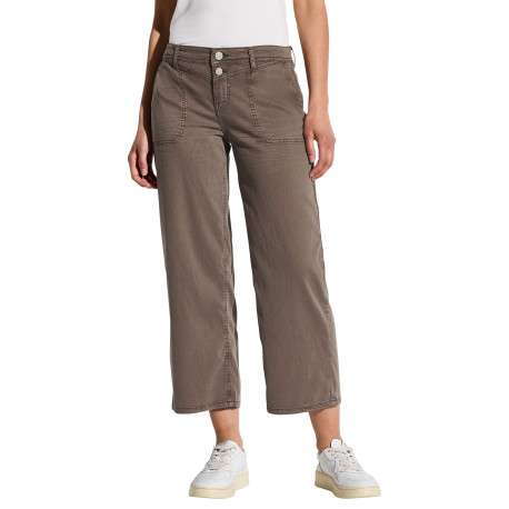 Pantalon denim 7/8ème marron clair uni à coupe large et à taille mi-haute - Image 3