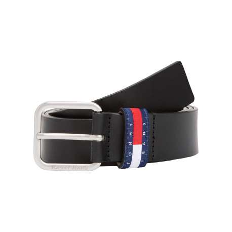 Ceinture en cuir lisse noire unie à boucle carrée argentée et à passant logo