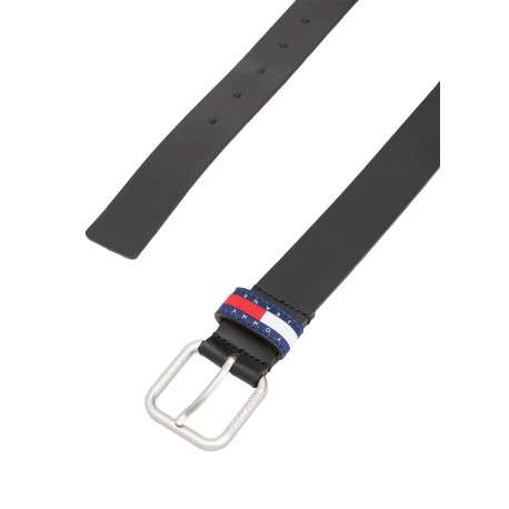 Ceinture en cuir lisse noire unie à boucle carrée argentée et à passant logo - Image 2