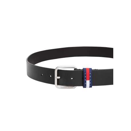 Ceinture en cuir lisse noire unie à boucle carrée argentée et à passant logo - Image 3