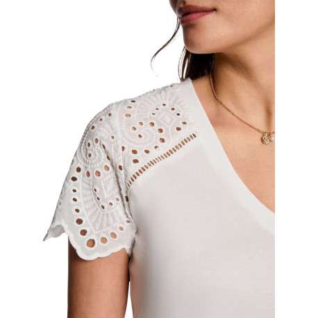 T-shirt en coton blanc uni à col v avec des manches courtes en dentelle - Image 3