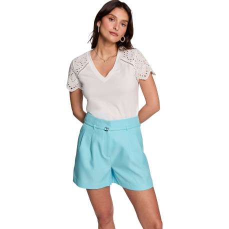 T-shirt en coton blanc uni à col v avec des manches courtes en dentelle - Image 4