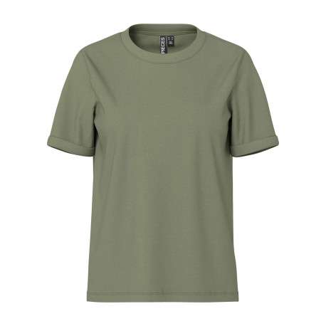 T-shirt basic en coton kaki uni à coupe droite avec un col rond