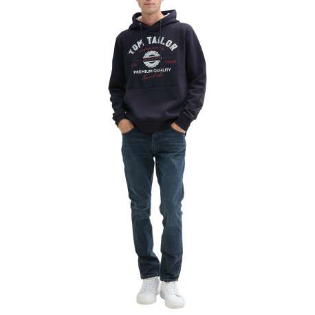 Sweat à capuche en coton mélangé bleu marine imprimé à l'avant à coupe droite - Image 5