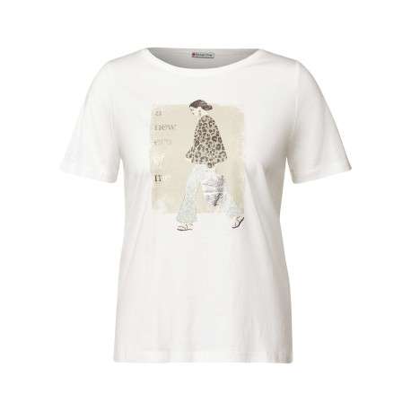 T-shirt blanc imprimé avec un col rond et une coupe droite à manches courtes
