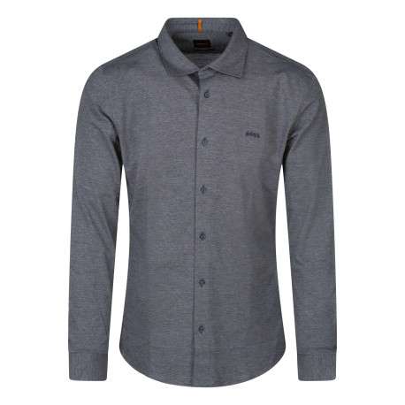 Chemise en coton marine unie avec boutonnière nacrée et logo brodé