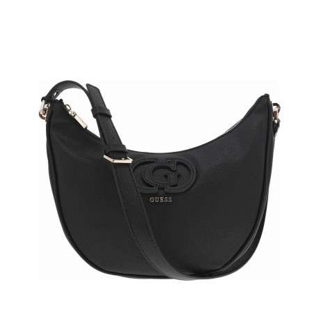 Sac noir à porté épaule forme banane avec détails dorés et bandoulière réglable