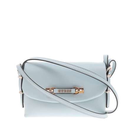 Sac bleu argenté uni à porté épaule avec rabat à pression et logo de la marque