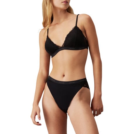 Tanga noir uni en dentelle noire avec taille élastiquée et marque beige