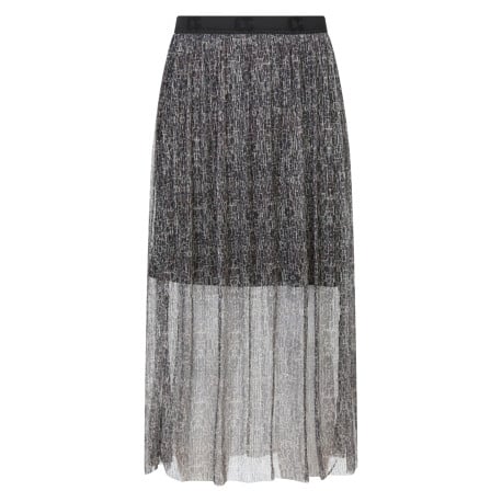 Jupe longue argentée à motif animalier, coupe fluide et tissu plissé avec lurex