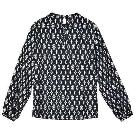 Blouse noire à imprimé losanges droite avec col rond et à manches longues - Image 2