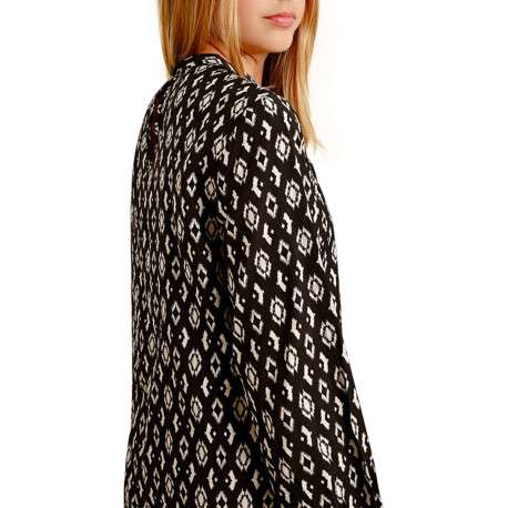 Blouse noire à imprimé losanges droite avec col rond et à manches longues - Image 3