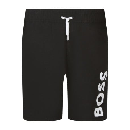 Boxer de bain noir uni avec logo blanc, taille élastiquée et poches