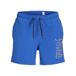 Boxer de bain bleu uni à coupe droite avec cordon de serrage et logo orange