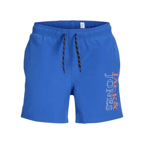Boxer de bain bleu uni à coupe droite avec cordon de serrage et logo orange