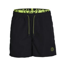 Boxer de bain noir uni à coupe regular avec imprimé jaune et cordon de serrage