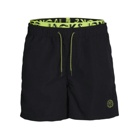Boxer de bain noir uni à coupe regular avec imprimé jaune et cordon de serrage