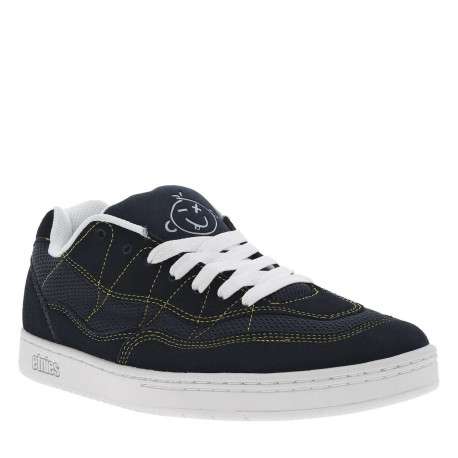Baskets larges en cuir bleues marine à surpiqûres jaunes et à lacets plats - Image 3