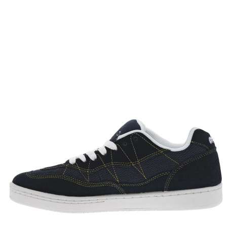 Baskets larges en cuir bleues marine à surpiqûres jaunes et à lacets plats