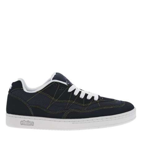 Baskets larges en cuir bleues marine à surpiqûres jaunes et à lacets plats - Image 2