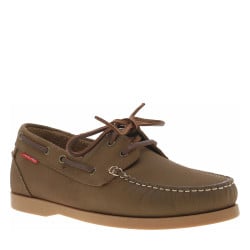 Mocassins bateau en cuir marrons avec des surpiqûres beiges à talon décroché bas