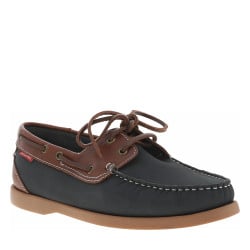 Mocassins bateau en cuir bleus marine et marrons à talon décroché bas