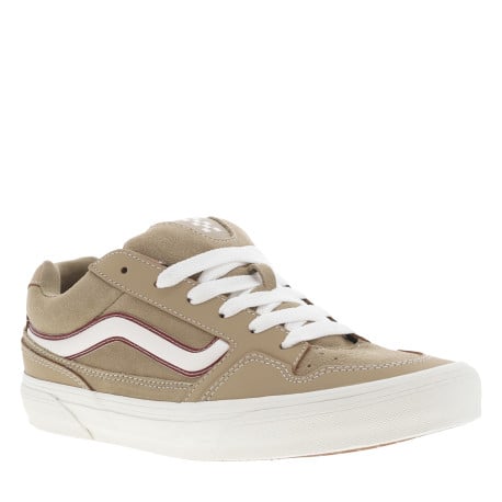 Baskets en cuir taupe larges avec des surpiqûres blanches et à lacets plats