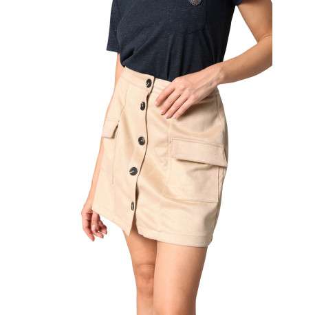 Jupe courte beige unie en maille effet velours avec poches et boutonnière - Image 3