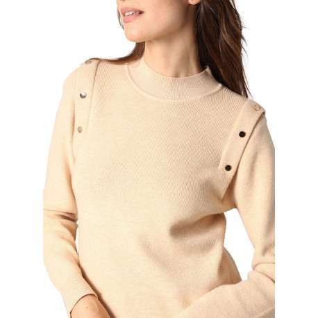 Pull beige uni en maille côtelée avec des boutons décoratifs et un col montant - Image 3