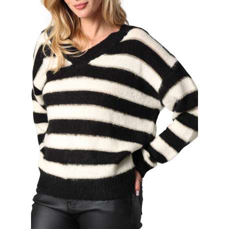 Pull rayé noir et blanc avec un col v et des manches longues - Image 3