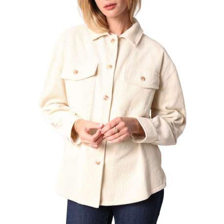 Chemisier côtelé en coton ecru uni avec un col chemise et des manches longues