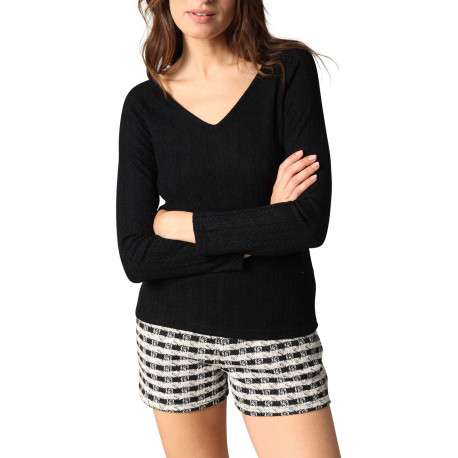 T-shirt noir uni en maille tricotée avec un col v et des manches longues