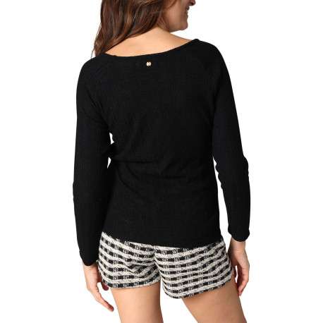 T-shirt noir uni en maille tricotée avec un col v et des manches longues - Image 2