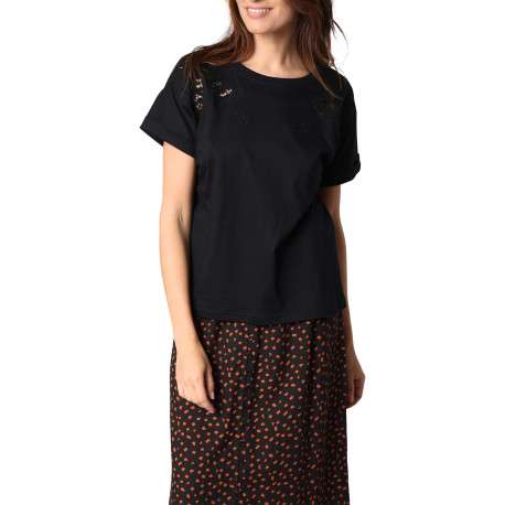 T-shirt en coton noir uni orné de broderies avec col rond et manches courtes