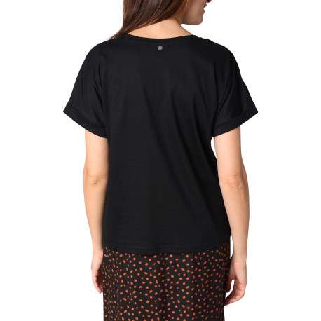 T-shirt en coton noir uni orné de broderies avec col rond et manches courtes - Image 2