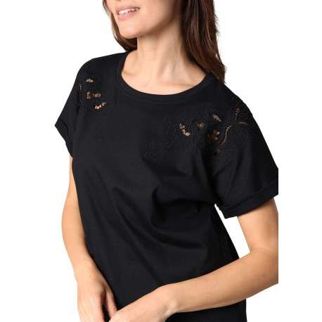T-shirt en coton noir uni orné de broderies avec col rond et manches courtes - Image 3